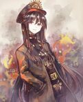  1girl akikaze_(pokekinokokikaku) belt black_coat black_hair black_jacket black_pants buttons coat cowboy_shot fate/grand_order fate_(series) fire hands_in_pockets hat hat_ornament high_collar jacket leaning_back long_hair looking_at_viewer military_jacket oda_nobunaga_(fate) oda_uri open_clothes open_coat open_mouth pale_skin pants peaked_cap red_eyes sideways_glance smoke solo swept_bangs very_long_hair 