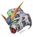  commentary denjyou23 earth_federation_space_forces green_eyes gundam gundam_0080 gundam_alex head_only highres mecha mobile_suit no_humans robot science_fiction signature simple_background solo v-fin white_background 