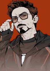  1boy absurdres arc_reactor avengers:_infinity_war avengers_(series) black-framed_eyewear black_gloves black_jacket black_shirt brown-tinted_eyewear brown_eyes brown_hair closed_mouth facial_hair fingerless_gloves fingernails gloves hand_up highres hood hooded_jacket jacket long_sleeves looking_at_viewer male_focus marvel marvel_cinematic_universe red_background shirt short_hair simple_background solo sunglasses thendsherly tinted_eyewear tony_stark upper_body v-shaped_eyebrows 