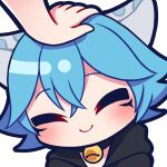  1boy animal_ears archon_eclipse bell blue_hair chibi hand_on_another&#039;s_head indie_virtual_youtuber leopard_boy leopard_ears male_focus marking_on_cheek neck_bell short_hair virtual_youtuber 
