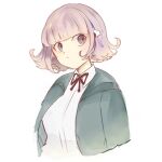  1girl black_jacket blunt_bangs breasts cropped_torso danganronpa_(series) danganronpa_2:_goodbye_despair flipped_hair frown galaga gumicha_(catdogumicha) hair_ornament hood jacket nanami_chiaki neck_ribbon open_clothes open_jacket pink_eyes red_ribbon ribbon shirt short_hair solo white_shirt 