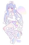  1girl angel angel_wings blue_hair cloud_hair_ornament cloud_halo clouds feathered_wings full_body halo highres light_blue_hair long_hair looking_at_viewer multicolored_eyes nokanok original purple_shorts shorts solo twintails violet_eyes white_background wings yellow_eyes 