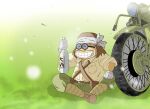  1970s_(style) 1boy alcohol bandana belt boots bottle brown_hair drunk facial_hair falling_leaves fat glasses grass grin happy imperial_japanese_army leaf long_hair matsumoto_leiji_(style) military military_uniform motor_vehicle motorcycle mustache official_style pfc_kodai retro_artstyle sake sitting smile soldier the_cockpit the_cockpit:_knight_of_the_iron_dragon tire uniform world_war_ii 