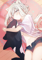  1girl animal_ears breasts cat_ears cat_girl hakanai_kimi_wa_moukou_wo_hajimeru kazutake_hazano lying navel one_eye_closed stuffed_whale white_hair 