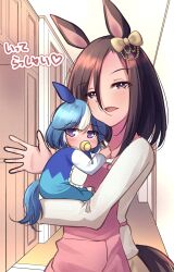  2girls admire_groove_(umamusume) air_groove_(umamusume) alternate_costume animal_ears baby blue_hair brown_hair carrying carrying_baby carrying_person commentary_request ear_covers ear_ornament highres horse_ears horse_girl long_sleeves looking_at_viewer medium_hair mother_and_daughter multicolored_hair multiple_girls pacifier remao translation_request umamusume violet_eyes waving white_hair 