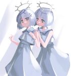  2girls absurdres behind_another blunt_ends bob_cut bright_pupils coeiroink cropped_shirt dress feet_out_of_frame grey_dress grey_eyes grey_hair grey_sailor_collar grey_shirt hair_ornament halo hand_on_another&#039;s_shoulder hand_up hands_up highres hino_(mkmkobk) looking_at_viewer multiple_girls nako_(coeiroink) open_mouth parted_lips reco_(coeiroink) sailor_collar shirt short_hair siblings sleeveless sleeveless_dress sleeveless_shirt star_(symbol) star_hair_ornament twins white_pupils 
