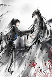  2boys black_arm_warmers black_hair black_hanfu black_robe chinese_clothes chinese_commentary clothes_grab expressionless feet_out_of_frame flower from_side frown grey_eyes hanfu ink_wash_painting light_particles long_hair long_sleeves male_focus modao_zushi multiple_boys no_blindfold parted_bangs parted_lips ponytail profile red_flower robe sleeve_grab spider_lily standing topknot white_hanfu white_robe wide_sleeves xiao_guan_(headdress) xiao_xiao_zuowen xiao_xingchen xue_yang yellow_eyes 