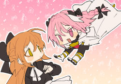  1boy 1girl astolfo_(fate) black_bow black_dress black_shirt blonde_hair bow braid braided_ponytail cape chibi chibi_only crossdressing dress fate/grand_order fate_(series) fur-trimmed_cape fur_trim gauntlets hair_bow korean_commentary koyashaka liss_meier_(koyashaka) miniskirt no_pupils original otoko_no_ko pink_hair pouncing shirt side_braids skirt twintails violet_eyes white_cape white_skirt yellow_eyes 