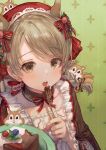  1girl animal_ears breasts brown_eyes brown_hair cake dress eating food fork hair_ornament highres idolmaster idolmaster_cinderella_girls kuroda_kuroko long_hair morikubo_nono open_mouth piercing red_dress small_breasts squirrel squirrel_ears tooth 