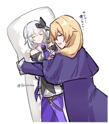  1boy artist_name blonde_hair closed_eyes coat crying dakimakura_(object) honkai_(series) honkai_impact_3rd ioichiha kallen_kaslana kallen_kaslana_(sixth_serenade) long_hair long_sleeves male_focus open_mouth otto_apocalypse pillow purple_coat simple_background solo white_background 