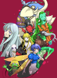  1other 3boys 4girls airavata_(megami_tensei) bare_shoulders blonde_hair blue_eyes blue_hair blue_shirt bodysuit chain chain_leash chef_hat closed_eyes colored_skin cunhur_(megami_tensei) demon demon_(megami_tensei) detached_carousel_horse devil_summoner:_soul_hackers devil_summoner_(series) dress elephant facial_hair fairy fairy_wings frog gloves green_hair green_skin hat headscarf heqet_(megami_tensei) hooves horns knife leash long_hair mane multiple_boys multiple_girls mustache nemissa nimai nisroc_(megami_tensei) pale_skin pants pixie_(megami_tensei) purple_hair red_background red_dress red_eyes seere_(megami_tensei) shirt short_hair silky_(megami_tensei) simple_background very_long_hair white_gloves white_pants wings zeed_(soul_hackers) 