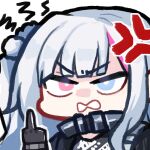  1girl anger_vein angry black_gloves blue_eyes chibi commentary_request girls&#039;_frontline_neural_cloud girls_frontline gloves hair_bobbles hair_ornament heterochromia kuro_(girls&#039;_frontline_nc) long_hair looking_at_viewer mdr_(girls&#039;_frontline) middle_finger one_side_up open_mouth pink_eyes simple_background solo white_background white_hair yanggaengwang 