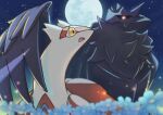  :d absurdres blue_flower blurry blurry_foreground bright_pupils commentary_request corviknight flower glowing glowing_eyes highres latias luna_mokamoka moon night no_humans open_mouth outdoors pokemon pokemon_(creature) sky smile white_pupils yellow_eyes 