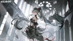  artist_request bare_shoulders black_hair cathedral clock headgear highres jetavie_(pgr) looking_back mechanical_arms mechanical_spine multicolored_hair official_art pointy_ears punishing:_gray_raven red_eyes skirt smile tail twintails two-tone_hair white_hair window 