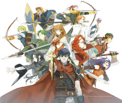  3girls 6+boys 91007 :d armor artist_name axe battle_axe belt black_gloves black_hair black_robe blue_eyes blue_hair blue_shirt bow_(weapon) boyd_(fire_emblem) braid braided_ponytail breasts brown_belt brown_hair brown_headband cape closed_eyes closed_mouth commentary_request dress facial_mark fingerless_gloves fire_emblem fire_emblem:_radiant_dawn forehead_mark gatrie_(fire_emblem) gauntlets gloves green_eyes green_hair green_headband hair_tubes hairband hands_on_own_chest headband highres holding holding_axe holding_bow_(weapon) holding_polearm holding_shield holding_staff holding_sword holding_weapon ike_(fire_emblem) long_hair looking_at_viewer mage_staff mia_(fire_emblem) mist_(fire_emblem) multiple_boys multiple_girls one_eye_closed open_mouth orange_dress orange_eyes orange_gloves orange_hair oscar_(fire_emblem) parted_bangs pauldrons pavise pointing_melee_weapon pointing_sword polearm ponytail purple_hair quiver ragnell red_cape red_eyes red_hair rhys_(fire_emblem) robe rolf_(fire_emblem) shield shinon_(fire_emblem) shirt short_hair shoulder_armor simple_background smile soren_(fire_emblem) spear staff sword tatiana_(fire_emblem) teeth twitter_username watermark weapon white_background white_hairband white_robe yellow_gloves 