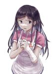  1girl apron bandages black_hair collared_shirt danganronpa_(series) danganronpa_2:_goodbye_despair grey_apron grey_background hands_up highres hollowgeek long_hair mole multicolored_hair no_mole open_mouth own_hands_together pink_shirt pleated_skirt puffy_short_sleeves puffy_sleeves shirt short_sleeves simple_background skirt solo sweat tsumiki_mikan two-tone_hair two-tone_shirt white_shirt 