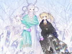 2girls :o antlers aqua_scarf bag bare_tree black_dress black_ribbon black_shawl blonde_hair blue_eyes blunt_bangs braid braided_hair_rings brooch closed_mouth coat collared_dress copyright_name creature crystal dress frilled_sleeves frills fringe_trim fur-trimmed_mittens fur_trim hair_between_eyes hair_intakes hair_ribbon hair_rings holding_hands horns ice jewelry kao_o0 long_dress long_hair long_sleeves looking_ahead looking_at_another looking_back mittens multiple_girls outdoors pandora_party_project pink_mittens ribbon scarf shawl sheep short_bangs shoulder_bag single_sidelock smile snow snowing standing sweater sweater_dress tree turtleneck turtleneck_sweater very_long_hair violet_eyes walking wavy_hair white_dress white_hair winged_animal winter winter_clothes winter_coat 