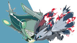  black_sclera blacknirrow blue_background blue_eyes celesteela character_request closed_mouth colored_sclera crossover flying highres monster monster_hunter_(series) no_humans outline pokemon pokemon_(creature) rayman_limbs red_pupils simple_background talons two-tone_background white_background white_outline 