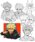  2boys animal_ears bakugou_katsuki black_hoodie blonde_hair blush boku_no_hero_academia clenched_teeth closed_eyes closed_mouth clothes_writing commentary cosplay earrings english_commentary freckles habkart hand_on_another&#039;s_shoulder highres hood hood_down hoodie jewelry long_sleeves looking_at_viewer male_focus midoriya_izuku mirko mirko_(cosplay) multiple_boys multiple_views one_eye_closed open_mouth piercing rabbit_ears short_hair simple_background smile spiky_hair teeth tongue_piercing upper_body white_background 