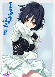  1girl 22/7 artist_name black_gloves black_hair blue_background bodice border brown_eyes character_name copyright_name cowboy_shot dancing dated dress fingerless_gloves gloves highres kisairo_kaede light_smile long_sleeves outside_border parted_lips rock_wa_shinanai short_hair solo takigawa_miu three_quarter_view white_border white_dress 