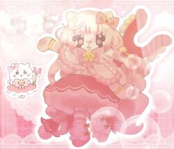  1girl :3 ahoge animal_ears big_eyes bracelet bubbles chibi chiikawa chiikawa_(character) cute dress_bow fringe full_body gijinka happy humanization kawaii lace long_hair looking_at_viewer magical_girl petticoat pink_background pink_ribbon smile socks_over_thighhighs striped_legwear striped_thighhighs white_hair zoom_layer 