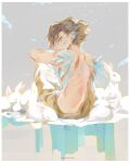  1boy brown_hair brown_pants commentary ellie_niunai_zhuyi_zhe english_commentary feathers highres looking_at_viewer looking_back male_focus original pants rabbit short_hair sitting solo topless_male wings 