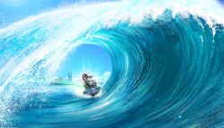 1girl brown_hair cityscape day dolphin_wave game_cg highres jet_ski landscape long_hair non-web_source ocean official_art ponytail scenery sunglasses tunnel water watercraft waves 