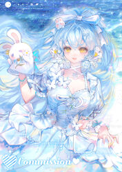  1girl absurdres animal_ears bow capelet card dress drill_hair frills fur-trimmed_capelet fur_trim grey_eyes grey_hair hairband hat hat_bow heart highres long_hair looking_at_viewer maokeson nail_polish open_mouth original playing_card red_bow red_nails skirt smile solo spade_(shape) top_hat v white_hair 