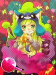  1girl animal_hat candy cat_hat finger_to_mouth flask food gas_mask green_eyes green_hair grin hat holding holding_candy holding_food holding_lollipop lollipop long_hair long_sleeves mask okami_game_(werewolf) osmtf61kr ritsu_kamiki round-bottom_flask shushing smile smoke solo splatter swirl_lollipop 