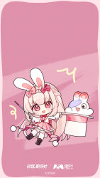  animal_ears artist_request bad_source chibi dress hair_ribbon hat highres holding holding_wand liv_(pgr) long_hair looking_at_viewer magician official_art pink_dress pink_eyes punishing:_gray_raven rabbit rabbit_ears ribbon smile top_hat wand white_hair 