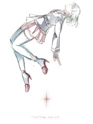  1girl belt birthday black_coat black_gloves black_order_uniform blue_thighhighs bob_cut closed_eyes coat cross d.gray-man english_text facing_up fingerless_gloves flying gloves green_hair hair_between_eyes happy_birthday high_heels highres kjkmgl legs lenalee_lee military military_uniform miniskirt pleated_skirt profile red_cross red_shoes red_skirt red_stripes shoes short_hair sidelocks simple_background skirt solo striped_coat thigh-highs thighs vertical-striped_coat white_background 