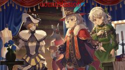  1boy 1other 2girls animal_head arms_behind_back backstage black_dress black_hat blue_eyes blue_flower blue_rose candle candlestand cape charlie_(reverse:1999) clown_mask commission curtains donkey_head dress drill_hair drill_sidelocks flower fur-trimmed_cape fur_trim green_dress hat hat_feather highres holding holding_needle holding_notebook holding_scissors jester juliet_sleeves long_hair long_sleeves looking_at_another mannequin marquee_lights mask mirror multiple_girls neck_ruff needle nick_bottom_(reverse:1999) notebook orange_hair original pantyhose puffy_long_sleeves puffy_sleeves red_cape red_eyes red_pantyhose red_vest reverse:1999 rose scissors sewing shirt sidelocks stage_curtains the_fool_(reverse:1999) theater top_hat trapeze_dress twin_drills vase vest white_hair white_shirt xhcohiyc 