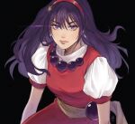  1girl asamiya_athena black_background closed_mouth earrings hair_between_eyes hairband highres irene_koh jewelry long_hair looking_at_viewer puffy_short_sleeves puffy_sleeves purple_hair red_hairband short_sleeves simple_background snk solo the_king_of_fighters violet_eyes 