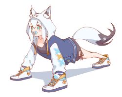  1girl all_fours animal_ears aqua_eyes black_shirt blue_jacket character_hood double-parted_bangs fox_ears fox_girl fox_tail full_body hair_between_eyes high_tops highres hololive hood hood_up hooded_jacket hyde_(tabakko) italian_brainrot_ai_animals_(meme) jacket long_hair long_sleeves meme no_pants official_alternate_costume pacifier pentagram raglan_sleeves shirakami_fubuki shirakami_fubuki_(loungewear) shirt shoes side-tie_shirt simple_background sneakers solo tail virtual_youtuber white_background white_hair white_shoes white_sleeves 