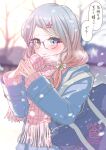  1girl absurdres artist_name bag blue_eyes blurry blurry_background coat day duffel_coat glasses gradient_hair hair_ornament hairclip highres long_sleeves multicolored_hair original outdoors pancake_(pocket_domori) pink_scarf scarf school_bag school_uniform snowing speech_bubble steepled_fingers 