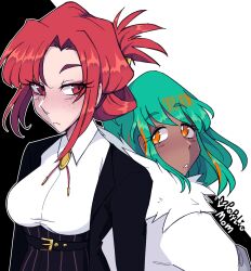  2girls artist_name back-to-back barcode belt bolo_tie breasts dark-skinned_female dark_skin evangeline_morgan freckles green_hair highres light_frown long_sleeves medium_breasts medium_hair monochrome_background multicolored_hair multiple_girls of_the_devil poppliomom red_eyes red_hair serra_ashur short_hair streaked_hair yellow_eyes 