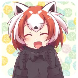  1girl animal_ears black_gloves blush bow bowtie closed_eyes ege_s_ki facing_viewer gloves kemono_friends lesser_panda_(kemono_friends) long_sleeves open_mouth orange_hair red_panda_ears smile solo tearing_up upper_body white_hair 