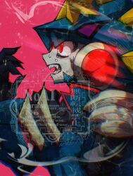  1boy angry arm_armor arm_up armor black_claws black_gloves blue_armor blue_helmet breastplate character_request clawed_gauntlets clenched_hand clenched_hands copyright_request crying facing_to_the_side fake_claws fangs furious gauntlets gloves gold_armor gregar_(mega_man) hand_up helmet highres looking_to_the_side male_focus mecha_pilot_suit mega_man_(series) mega_man_battle_network_(series) mega_man_battle_network_6 monsterification open_mouth ore_utau4 pink_background popped_collar red_eyes robot shoulder_pads smoke streaming_tears teardrop tearing_up tears 