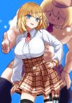  1girl absurdres black_thighhighs blonde_hair blue_eyes blurry blurry_background bob_cut breasts buffson collared_shirt constricted_pupils cowboy_shot hair_ornament hand_on_hip head_tilt high-waist_skirt highres hololive hololive_english holster kobachi_k_88 large_breasts long_sleeves looking_at_viewer medium_hair monocle_hair_ornament necktie open_mouth plaid plaid_skirt pocket_watch projected_inset shirt single_thighhigh skirt smile swept_bangs syringe taut_clothes taut_shirt thigh-highs thigh_holster thigh_strap virtual_youtuber watch watson_amelia 