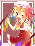  1girl ascot collared_shirt crystal flandre_scarlet frilled_skirt frilled_sleeves frills gon_(poppungt1992) hair_between_eyes hat holding mob_cap multicolored_wings one_eye_closed open_mouth pointing pointing_at_viewer puffy_short_sleeves puffy_sleeves red_background red_eyes red_ribbon red_skirt ribbon ribbon-trimmed_headwear ribbon-trimmed_sleeves ribbon_trim shirt short_sleeves simple_background skirt solo touhou white_background wings yellow_ascot 