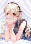  1girl absurdres bare_shoulders black_dress black_hairband closed_mouth collarbone commentary_request corrin_(female)_(fire_emblem) corrin_(fire_emblem) dress fire_emblem fire_emblem_fates grey_hair hair_between_eyes hairband head_rest highres kita_282 lips long_hair looking_at_viewer lying pink_lips pointy_ears red_eyes sleeveless sleeveless_dress smile solo twitter_username wavy_hair 