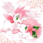 ;d aimi_(aimia492) alternate_color artist_name blush cherry_blossoms closed_mouth commentary_request dated flower green_eyes looking_at_viewer no_humans one_eye_closed open_mouth petals pink_flower pink_theme pokemon pokemon_(creature) shaymin shaymin_(land) shaymin_(sky) smile twitter_username v-shaped_eyebrows 