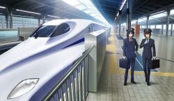  2boys athrun_zala black_hat black_jacket black_pants black_shoes black_suit blue_hair blue_necktie briefcase brown_hair collared_shirt day diagonal-striped_clothes diagonal-striped_necktie full_body gloves green_eyes gundam gundam_seed gundam_seed_freedom hand_on_own_hip hat highres holding holding_briefcase jacket kira_yamato looking_at_viewer male_focus multiple_boys necktie official_art pants promotional_art red_necktie second-party_source shirt shoes short_hair smile standing striped_clothes striped_necktie suit suit_jacket tactile_paving train train_conductor train_station train_station_platform vending_machine violet_eyes white_gloves white_shirt 