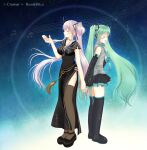  2girls :d ^_^ aqua_hair back-to-back black_dress black_footwear black_ribbon black_skirt black_sleeves black_thighhighs boots breasts brown_thighhighs china_dress chinese_clothes closed_eyes collarbone crossover detached_sleeves dress floral_print full_body grey_hair hair_ribbon hatsune_miku highres jewelry long_sleeves mabinogi medium_breasts miniskirt multiple_girls musical_note neck_ring open_mouth print_dress ribbon shararan shoes side_slit sidelocks skirt smile staff_(music) standing thigh-highs thigh_boots twintails vocaloid zettai_ryouiki 