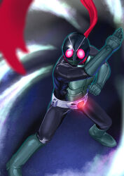 1boy absurdres antennae arm_up armor armored_bodysuit belt black_background black_bodysuit blue_background bodysuit boots breastplate bug clenched_hand commentary compound_eyes from_above gloves glowing glowing_eyes gradient_background grasshopper green_armor green_boots green_gloves green_helmet helmet highres kamen_rider kamen_rider_1 kamen_rider_1_(shin) legs_apart light_particles looking_ahead male_focus mask mefi_ra_es muscular muscular_male posing red_eyes red_scarf rider_belt scarf shin_kamen_rider solo standing tokusatsu two-tone_background typhoon_(kamen_rider) wind