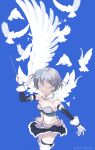  1girl armor artist_name baton_(conducting) bearingring bird blue_background blue_hair blue_skirt breastplate cape closed_eyes cowboy_shot detached_collar detached_sleeves dove feathered_wings gloves hair_ornament hand_up highres holding kneehighs magical_girl mahou_shoujo_madoka_magica miki_sayaka musical_note musical_note_hair_ornament open_mouth pleated_skirt short_hair simple_background skirt socks solo white_cape white_dove white_gloves wings 