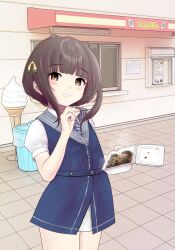  1girl black_hair blunt_bangs blush braid brown_eyes commentary_request dress eyelashes food gunnanggp hair_ribbon highres holding kantai_collection looking_at_viewer ribbon sailor_dress short_dress short_sleeves solo steam takeout_container takoyaki trash_can ukuru_(kancolle) yellow_ribbon 