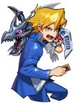  1boy 1other blonde_hair blue_jacket blue_pants brown_eyes card domino_high_school_uniform dragon duel_disk duel_monster holding holding_card jacket jounouchi_katsuya male_focus open_mouth pants red-eyes_black_dragon school_uniform sharp_teeth short_hair sido_(slipknot) teeth white_background yu-gi-oh! yu-gi-oh!_duel_monsters 