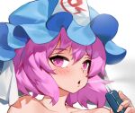  1girl blue_headwear hat mob_cap nude oreomanko pink_eyes pink_hair saigyouji_yuyuko short_hair simple_background smoking solo touhou white_background 