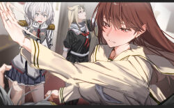  4girls artist_request black_skirt blonde_hair blush breasts brown_hair commentary_request epaulettes gloves grey_hair hair_between_eyes hamakaze_(kancolle) highres indoors jewelry kantai_collection kashima_(kancolle) large_breasts letterboxed long_hair long_sleeves miniskirt multiple_girls neckerchief ooi_(kancolle) ooi_kai_ni_(kancolle) open_mouth pleated_skirt red_eyes red_neckerchief ring sailor_collar scarf school_uniform second-party_source serafuku skirt slapping wedding_ring white_scarf yuudachi_(kancolle) yuudachi_kai_ni_(kancolle) 
